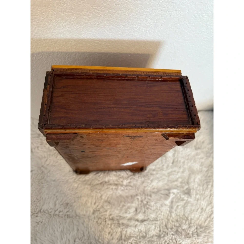 Antique tramp art wooden Box with Intricate Inlay Design Trinket Jewelry Storage